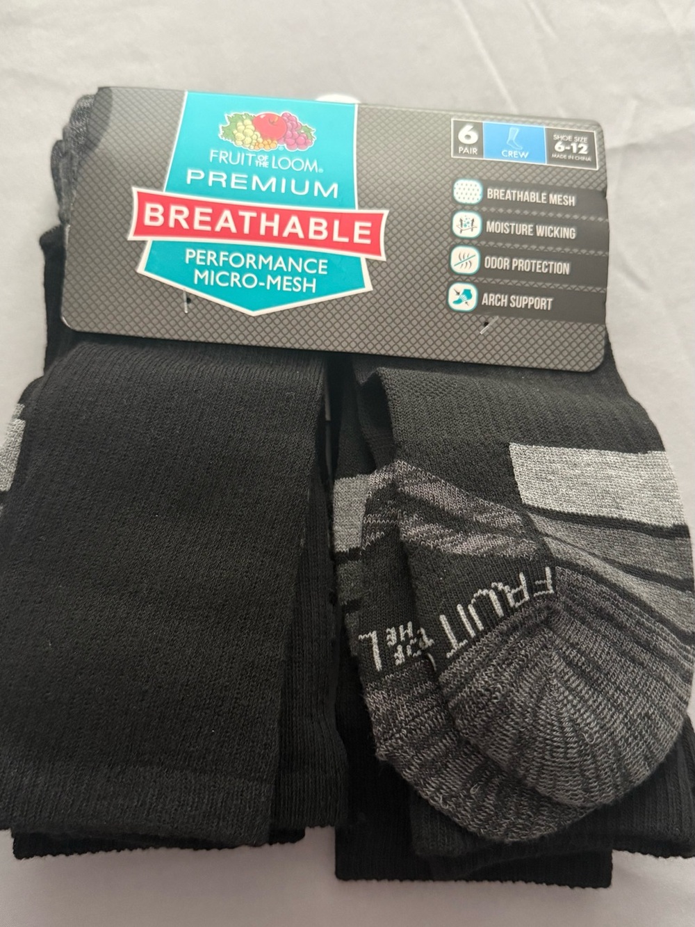 Fruit of the Loom Black & Gray Athletic Crew Socks - 6 Pair